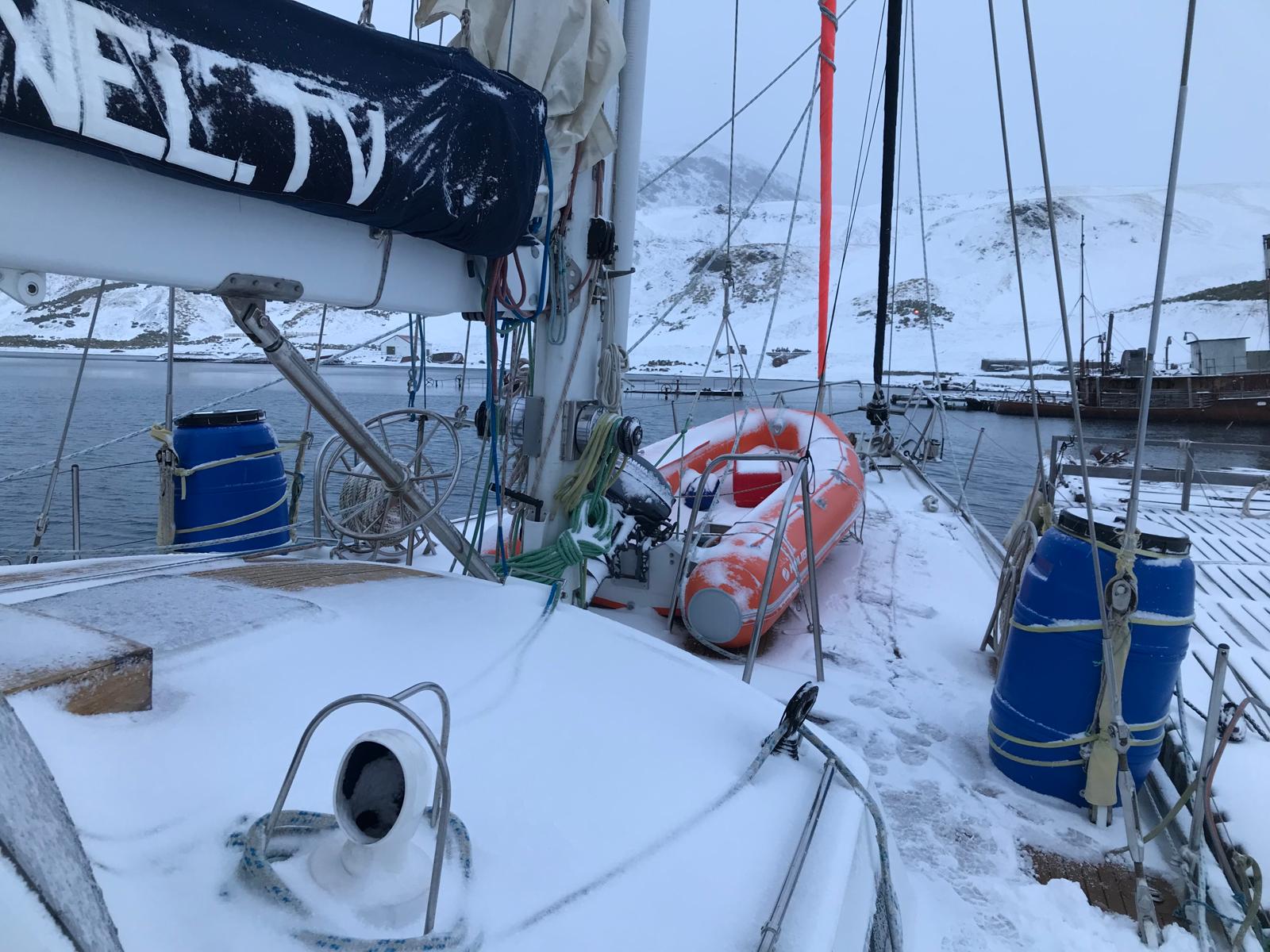 Snow falling on the deck at Grytviken, South Georgia. Supplied by Igor, 2026.