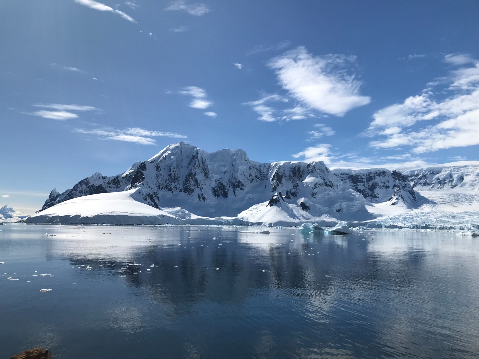 A glacier front across a bay, and the whole thing again upside down in the water.